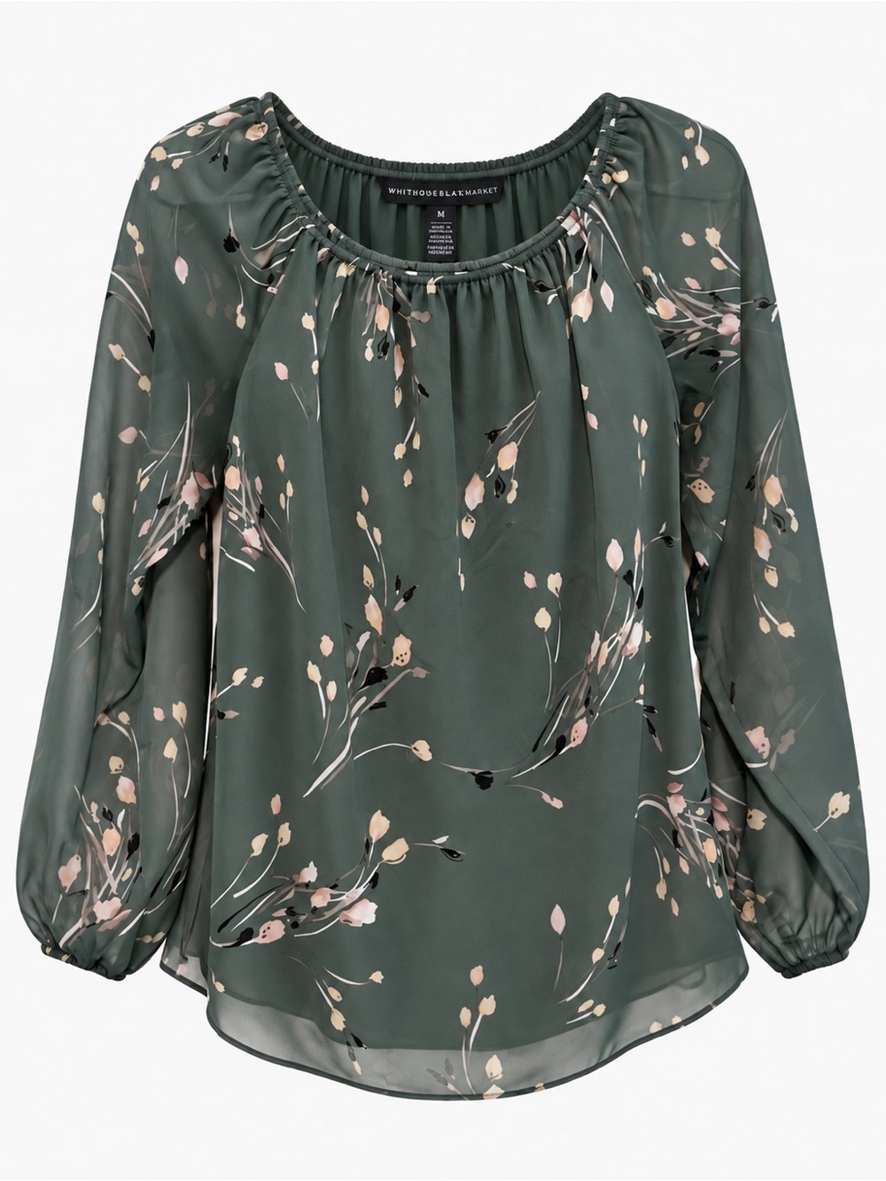 White House Black Market Size M Olive Green Floral Sheer Long-Sleeve Blouse
